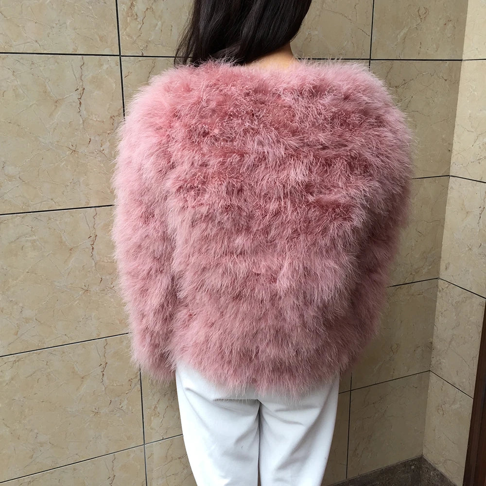 Real Ostrich Fur Feather Coat Short Jacket Furry Fluffy Party Long Sleeve Winter Women Coat Outerwear Plus Size Puffy Turkey Fur