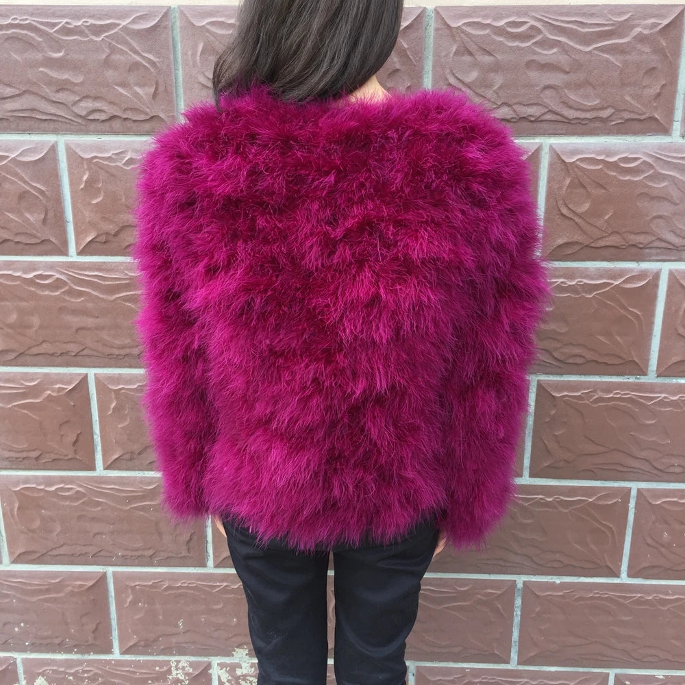 Real Ostrich Fur Feather Coat Short Jacket Furry Fluffy Party Long Sleeve Winter Women Coat Outerwear Plus Size Puffy Turkey Fur