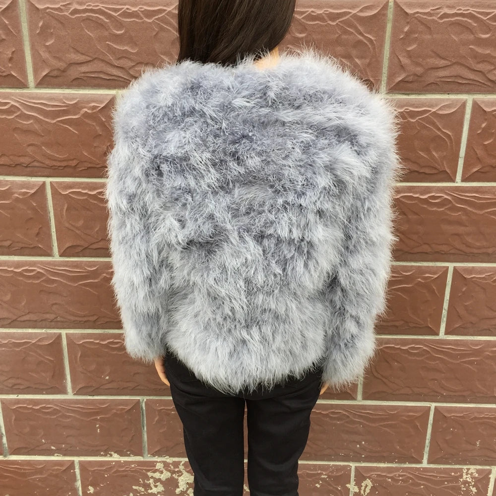 Real Ostrich Fur Feather Coat Short Jacket Furry Fluffy Party Long Sleeve Winter Women Coat Outerwear Plus Size Puffy Turkey Fur