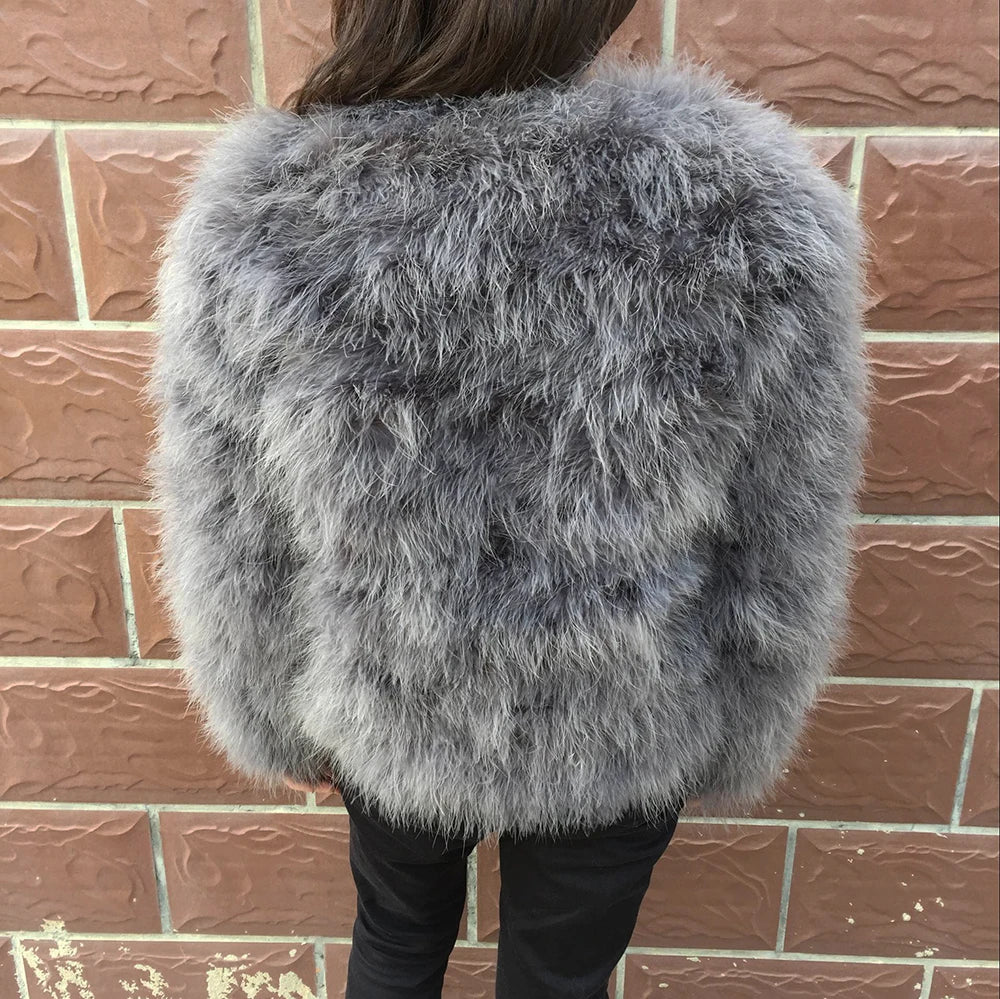 Real Ostrich Fur Feather Coat Short Jacket Furry Fluffy Party Long Sleeve Winter Women Coat Outerwear Plus Size Puffy Turkey Fur