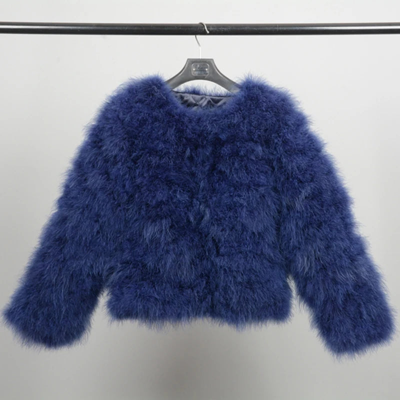 Real Ostrich Fur Feather Coat Short Jacket Furry Fluffy Party Long Sleeve Winter Women Coat Outerwear Plus Size Puffy Turkey Fur