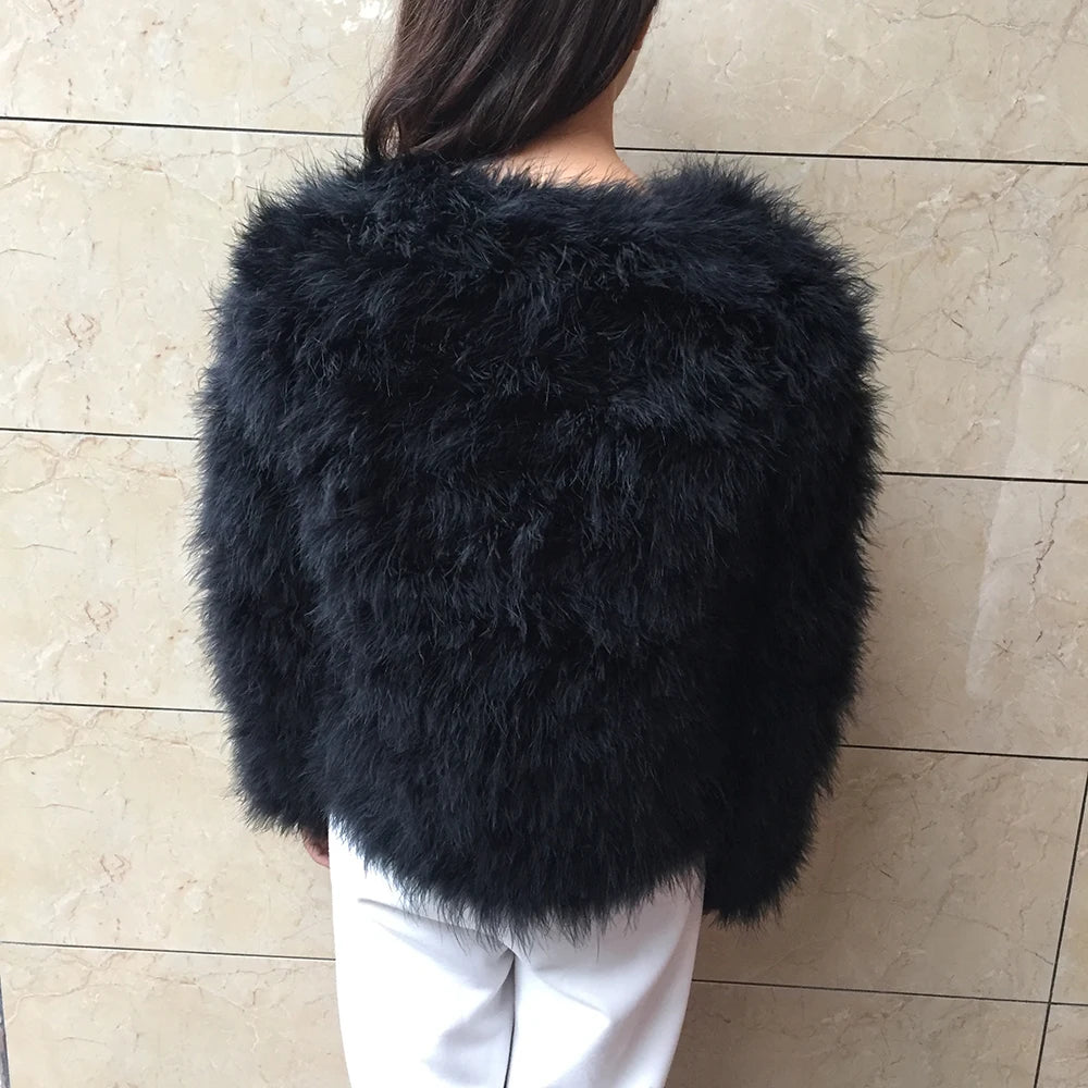 Real Ostrich Fur Feather Coat Short Jacket Furry Fluffy Party Long Sleeve Winter Women Coat Outerwear Plus Size Puffy Turkey Fur