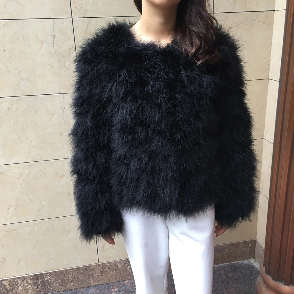 Real Ostrich Fur Feather Coat Short Jacket Furry Fluffy Party Long Sleeve Winter Women Coat Outerwear Plus Size Puffy Turkey Fur