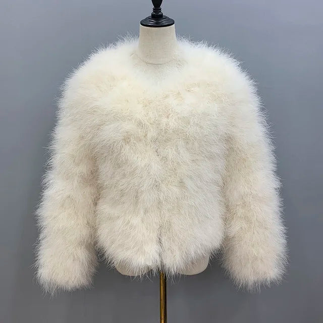 Real Ostrich Fur Feather Coat Short Jacket Furry Fluffy Party Long Sleeve Winter Women Coat Outerwear Plus Size Puffy Turkey Fur