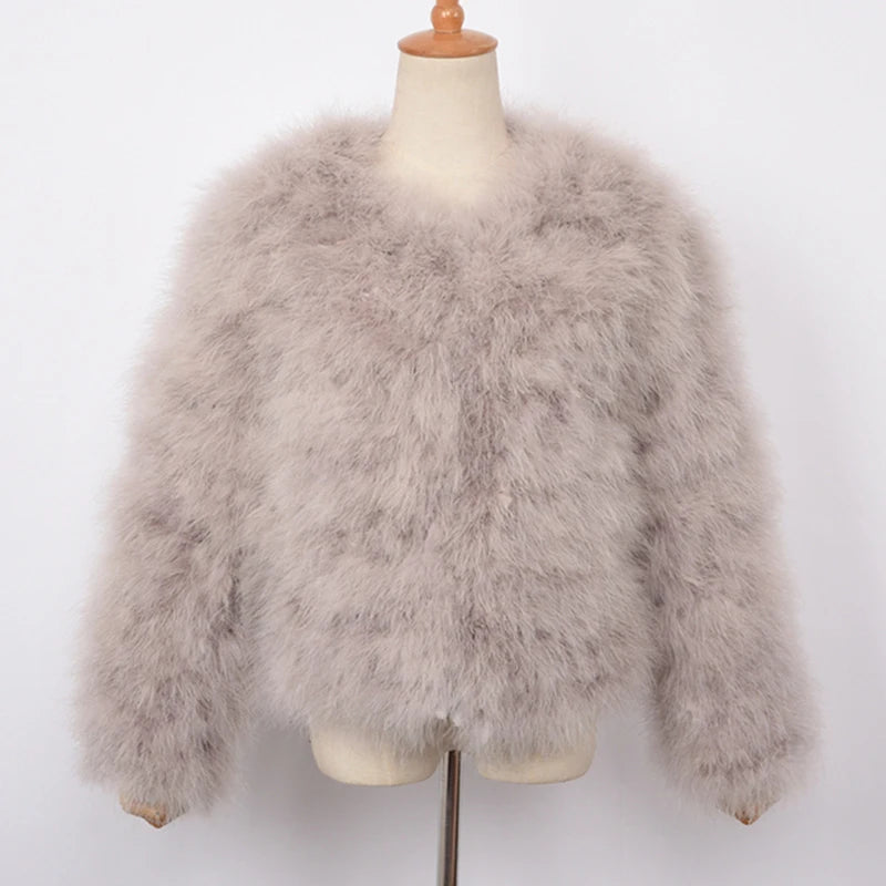 Real Ostrich Fur Feather Coat Short Jacket Furry Fluffy Party Long Sleeve Winter Women Coat Outerwear Plus Size Puffy Turkey Fur