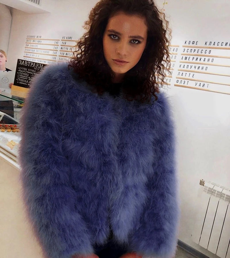 Real Ostrich Fur Feather Coat Short Jacket Furry Fluffy Party Long Sleeve Winter Women Coat Outerwear Plus Size Puffy Turkey Fur