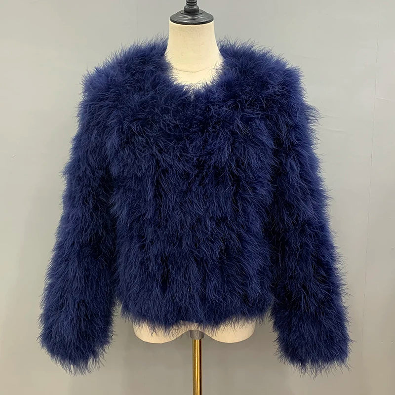 Real Ostrich Fur Feather Coat Short Jacket Furry Fluffy Party Long Sleeve Winter Women Coat Outerwear Plus Size Puffy Turkey Fur