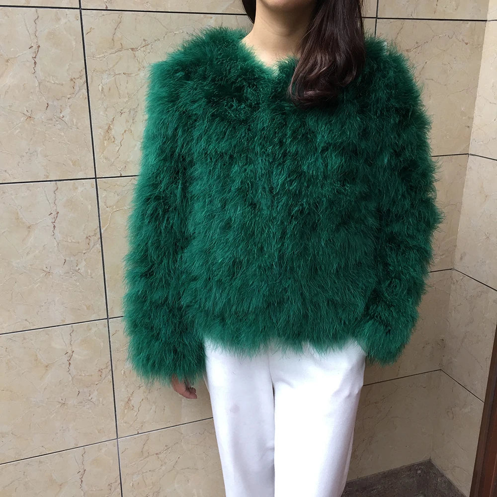 Real Ostrich Fur Feather Coat Short Jacket Furry Fluffy Party Long Sleeve Winter Women Coat Outerwear Plus Size Puffy Turkey Fur