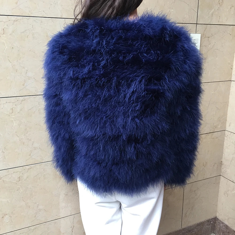 Real Ostrich Fur Feather Coat Short Jacket Furry Fluffy Party Long Sleeve Winter Women Coat Outerwear Plus Size Puffy Turkey Fur