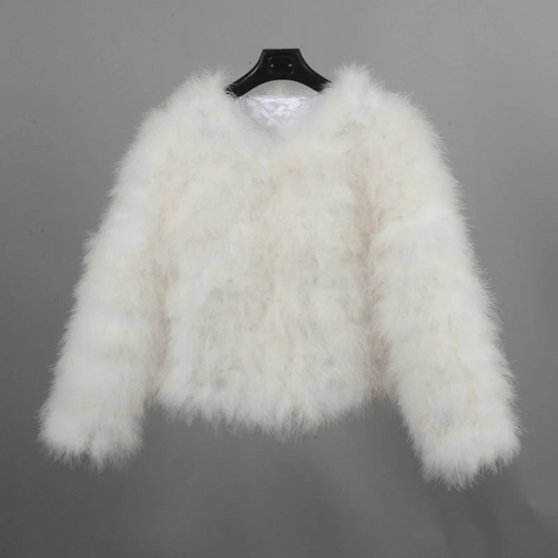 Real Ostrich Fur Feather Coat Short Jacket Furry Fluffy Party Long Sleeve Winter Women Coat Outerwear Plus Size Puffy Turkey Fur