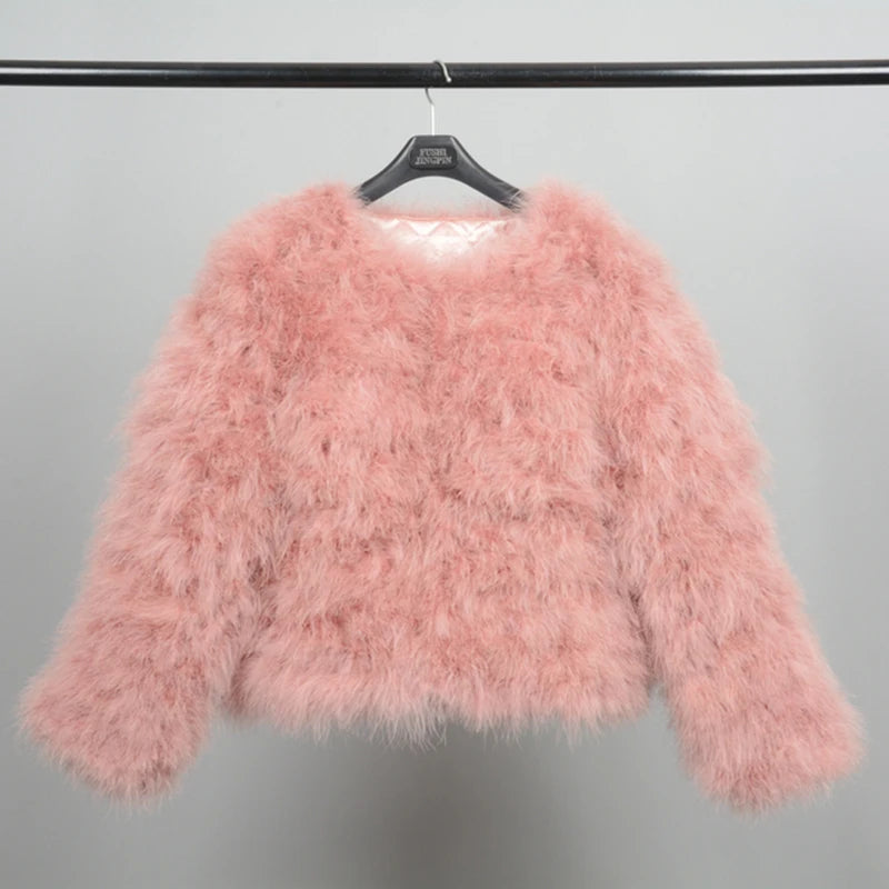 Real Ostrich Fur Feather Coat Short Jacket Furry Fluffy Party Long Sleeve Winter Women Coat Outerwear Plus Size Puffy Turkey Fur