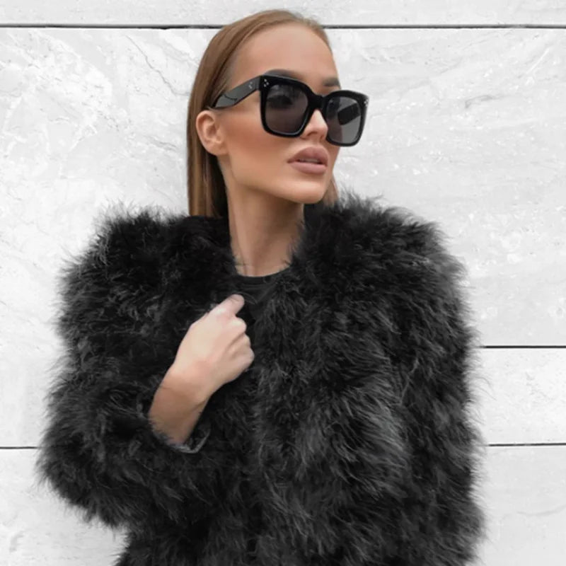 Real Ostrich Fur Feather Coat Short Jacket Furry Fluffy Party Long Sleeve Winter Women Coat Outerwear Plus Size Puffy Turkey Fur