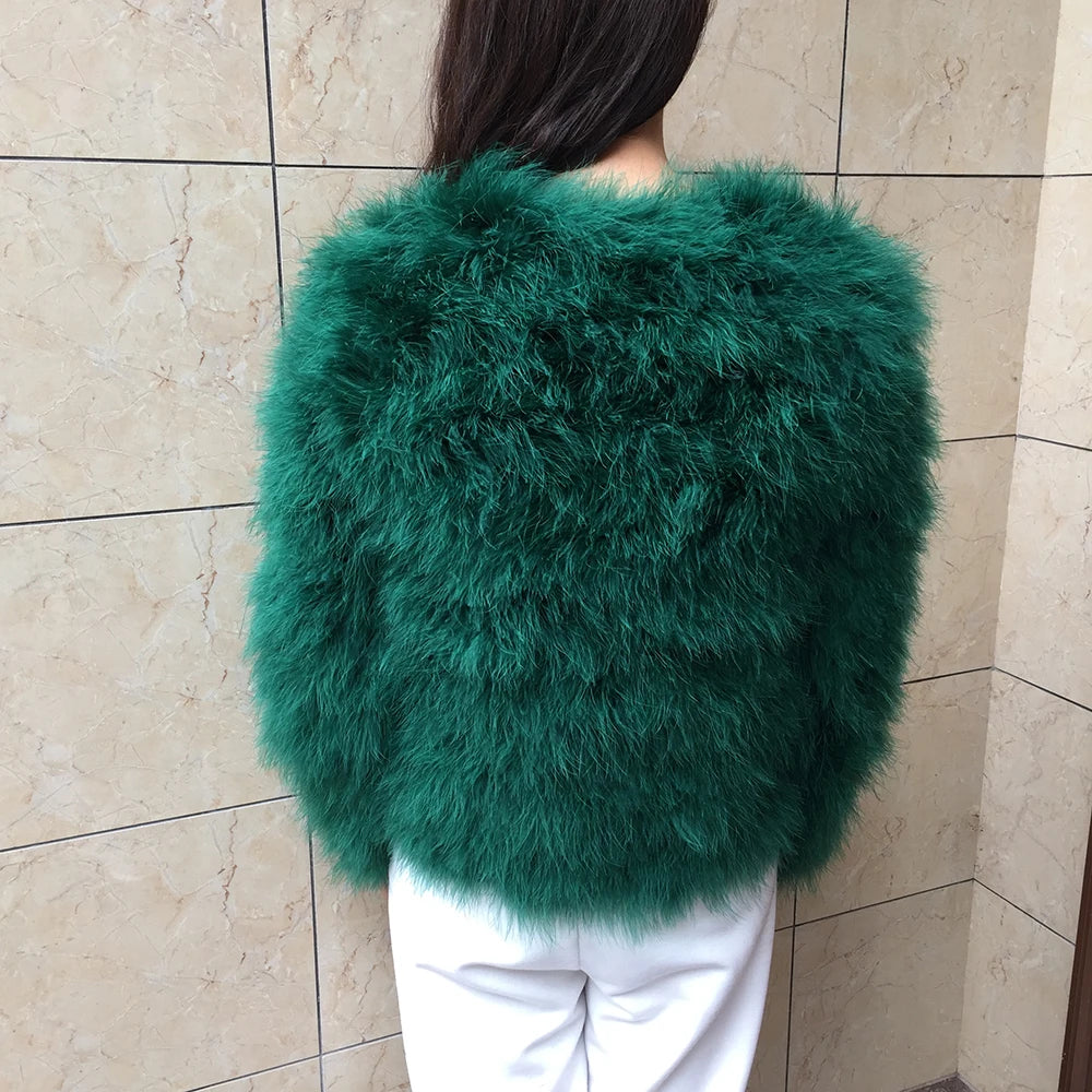 Real Ostrich Fur Feather Coat Short Jacket Furry Fluffy Party Long Sleeve Winter Women Coat Outerwear Plus Size Puffy Turkey Fur