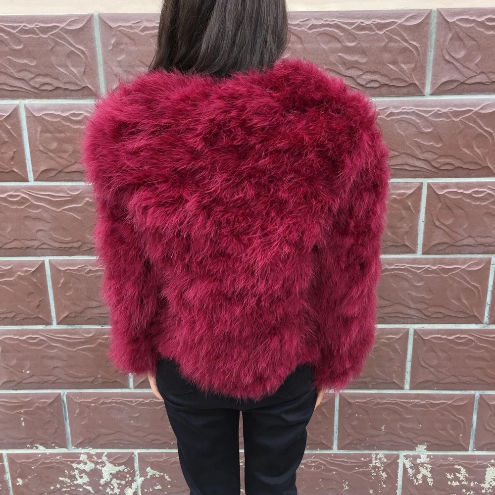 Real Ostrich Fur Feather Coat Short Jacket Furry Fluffy Party Long Sleeve Winter Women Coat Outerwear Plus Size Puffy Turkey Fur