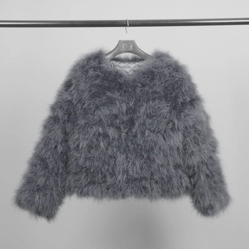 Real Ostrich Fur Feather Coat Short Jacket Furry Fluffy Party Long Sleeve Winter Women Coat Outerwear Plus Size Puffy Turkey Fur