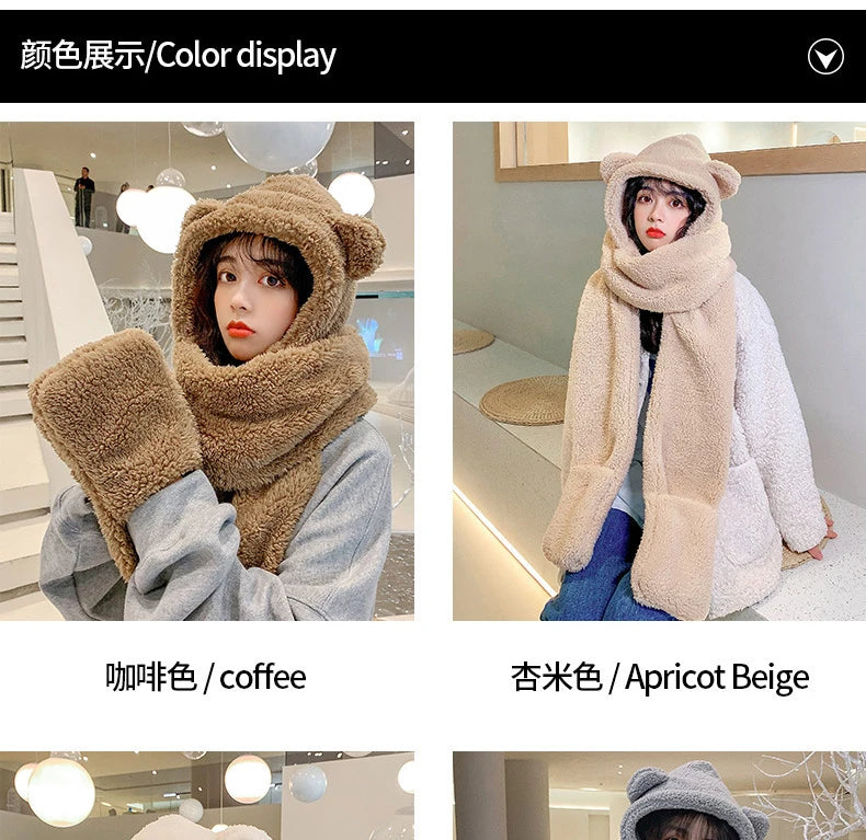 New Fashion Beanies Caps Winter Woman Scarf Cute Bear Ear Hat Girls Warm Head Hood Plush Hat Scarf Set Casual Women Bonnet Caps