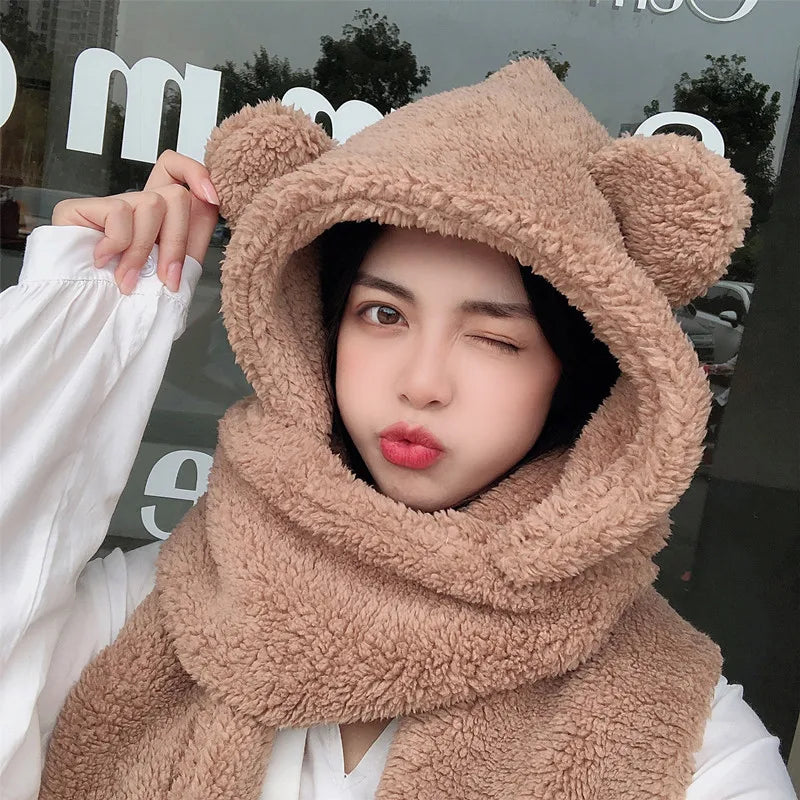 New Fashion Beanies Caps Winter Woman Scarf Cute Bear Ear Hat Girls Warm Head Hood Plush Hat Scarf Set Casual Women Bonnet Caps