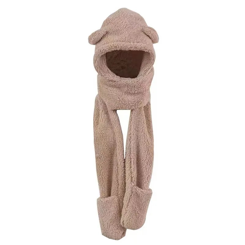 New Fashion Beanies Caps Winter Woman Scarf Cute Bear Ear Hat Girls Warm Head Hood Plush Hat Scarf Set Casual Women Bonnet Caps