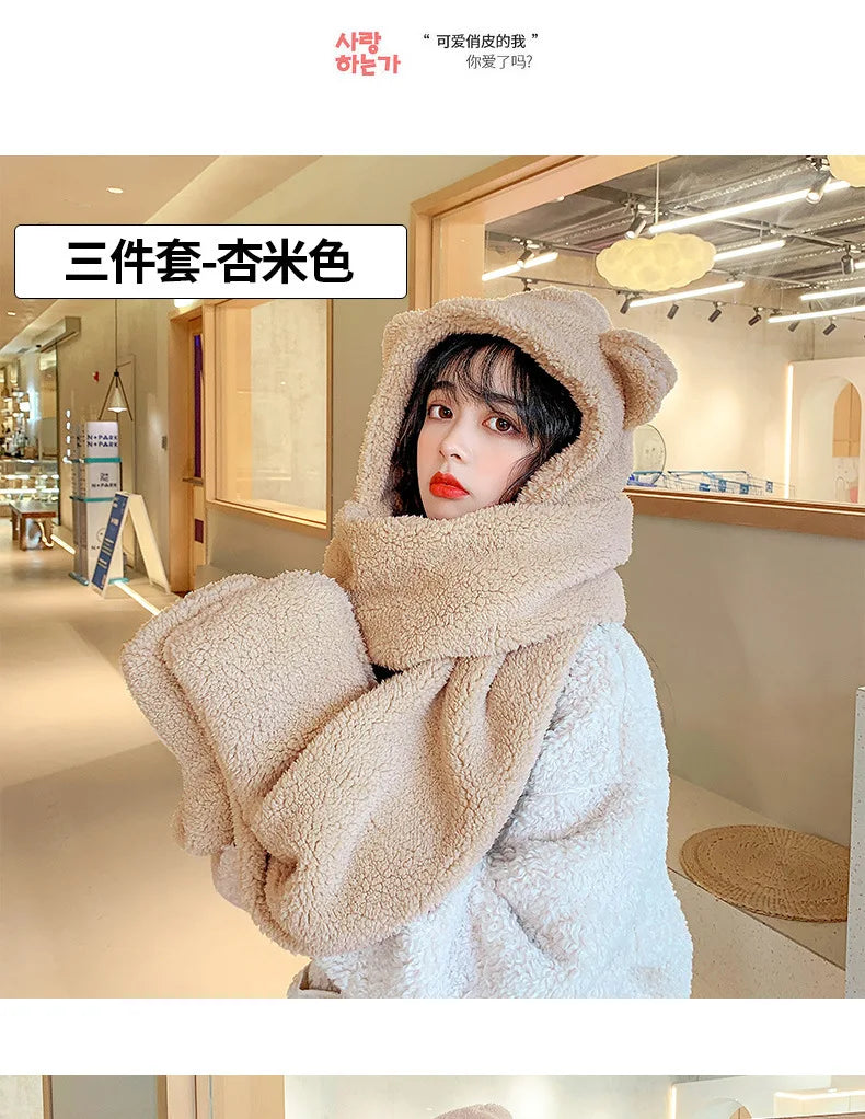 New Fashion Beanies Caps Winter Woman Scarf Cute Bear Ear Hat Girls Warm Head Hood Plush Hat Scarf Set Casual Women Bonnet Caps