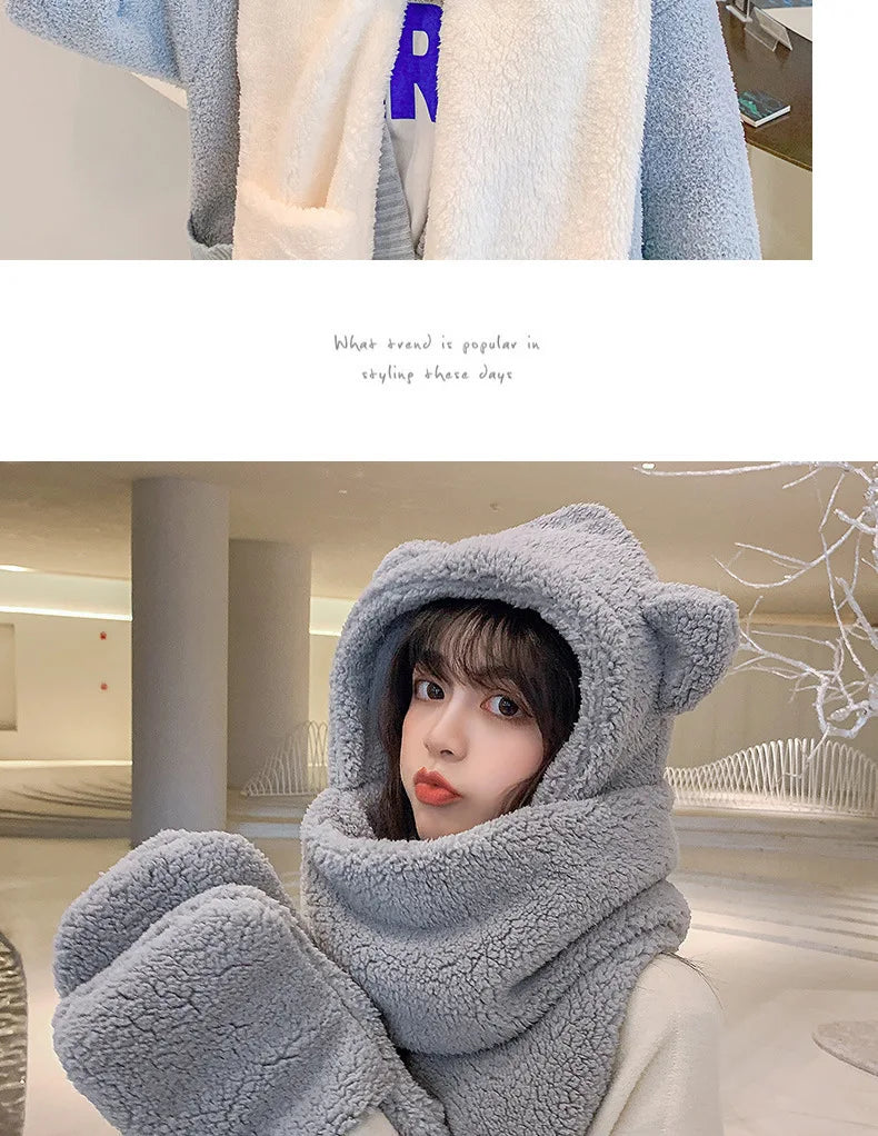 New Fashion Beanies Caps Winter Woman Scarf Cute Bear Ear Hat Girls Warm Head Hood Plush Hat Scarf Set Casual Women Bonnet Caps