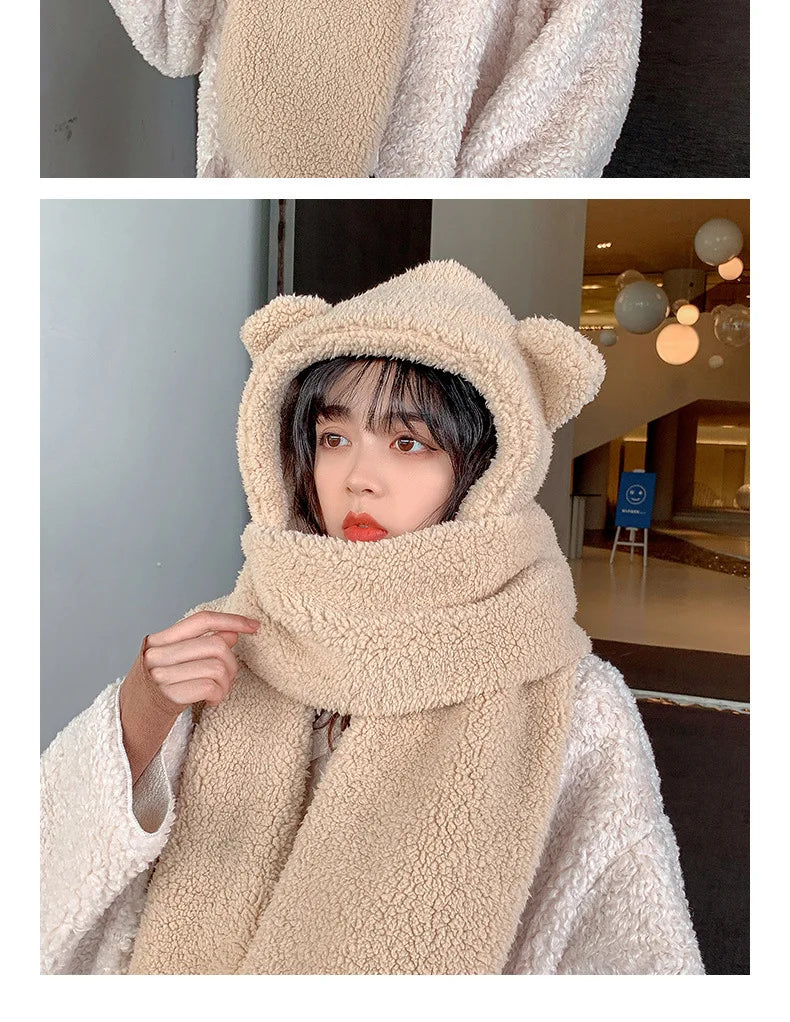 New Fashion Beanies Caps Winter Woman Scarf Cute Bear Ear Hat Girls Warm Head Hood Plush Hat Scarf Set Casual Women Bonnet Caps