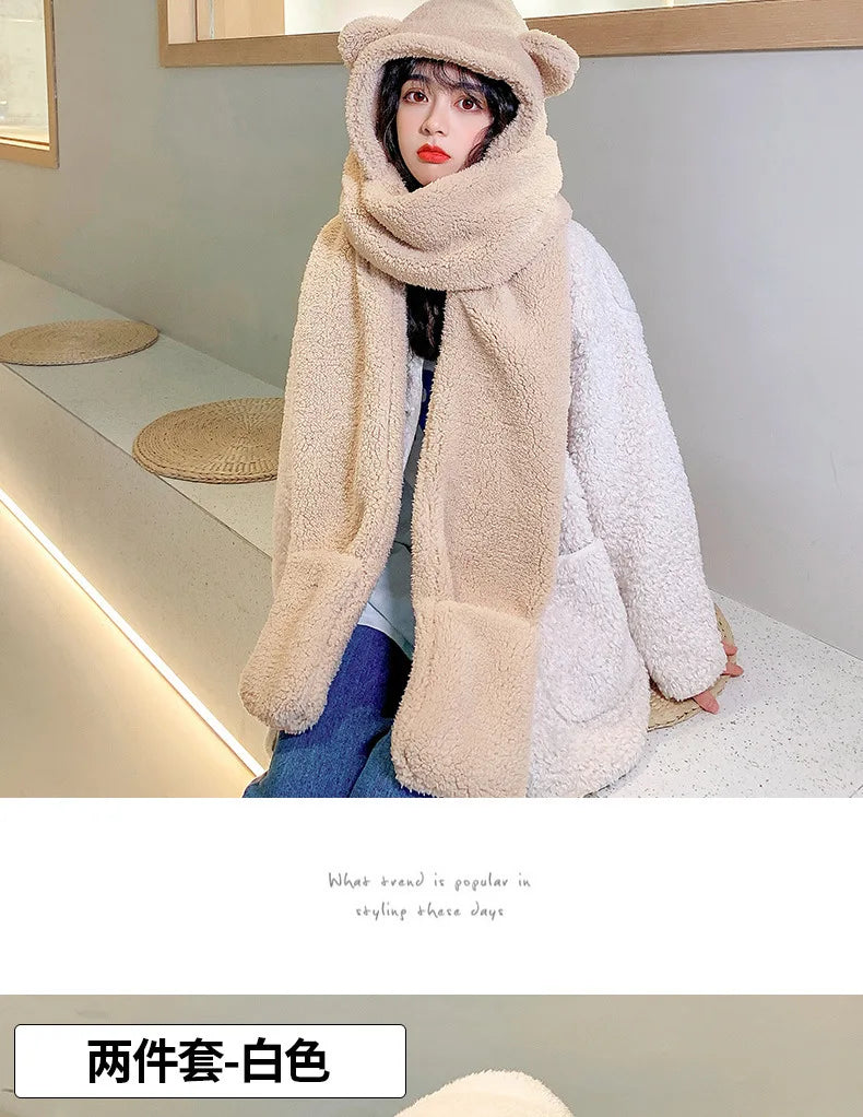 New Fashion Beanies Caps Winter Woman Scarf Cute Bear Ear Hat Girls Warm Head Hood Plush Hat Scarf Set Casual Women Bonnet Caps