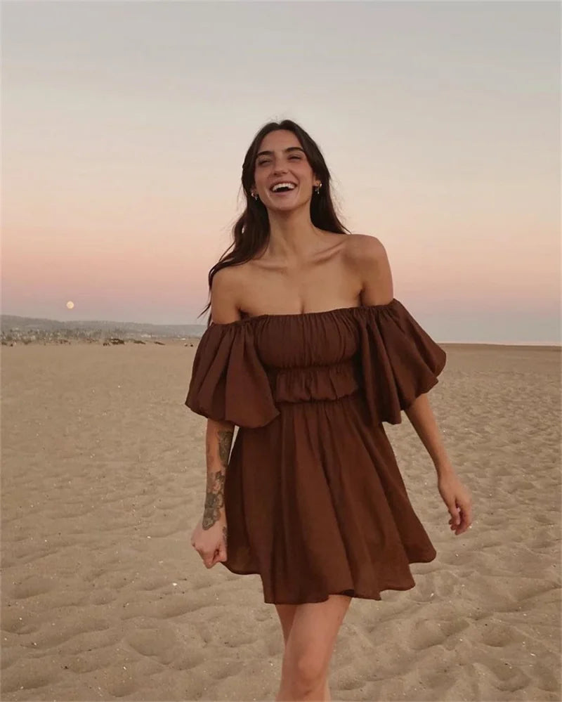 Women Casual Summer Dress Fashion Sexy Solid Color Elegant Short Puff Sleeve Off-shoulder Tunic Dress Brown/White