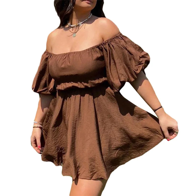 Women Casual Summer Dress Fashion Sexy Solid Color Elegant Short Puff Sleeve Off-shoulder Tunic Dress Brown/White