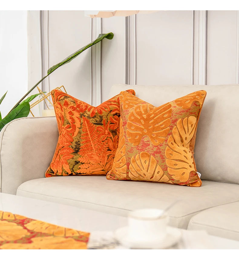 Aeckself Luxury Flowers Leaves Pattern Cut Velvet Cushion Cover Home Decor Orange Throw Pillow Case Pillowcase for Couch Bedroom