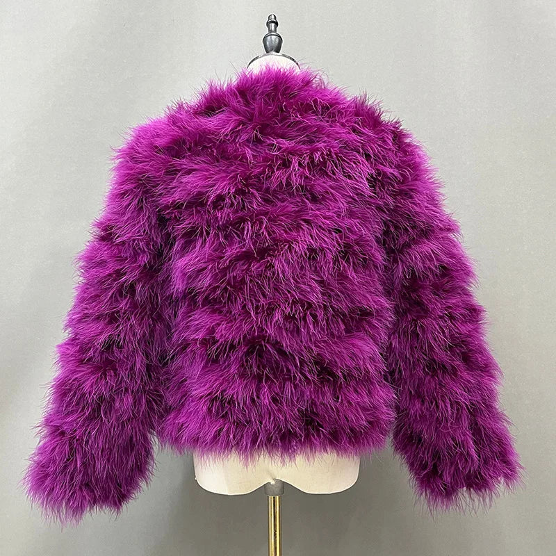 Real Ostrich Fur Feather Coat Short Jacket Furry Fluffy Party Long Sleeve Winter Women Coat Outerwear Plus Size Puffy Turkey Fur