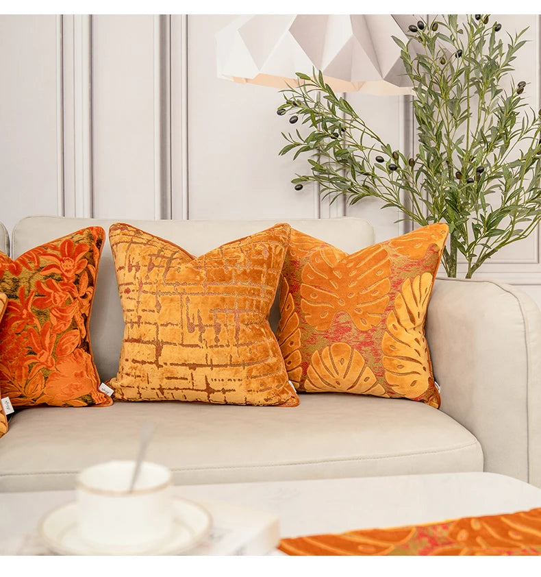 Aeckself Luxury Flowers Leaves Pattern Cut Velvet Cushion Cover Home Decor Orange Throw Pillow Case Pillowcase for Couch Bedroom