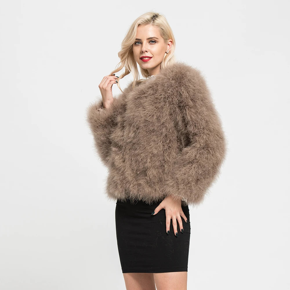 Real Ostrich Fur Feather Coat Short Jacket Furry Fluffy Party Long Sleeve Winter Women Coat Outerwear Plus Size Puffy Turkey Fur