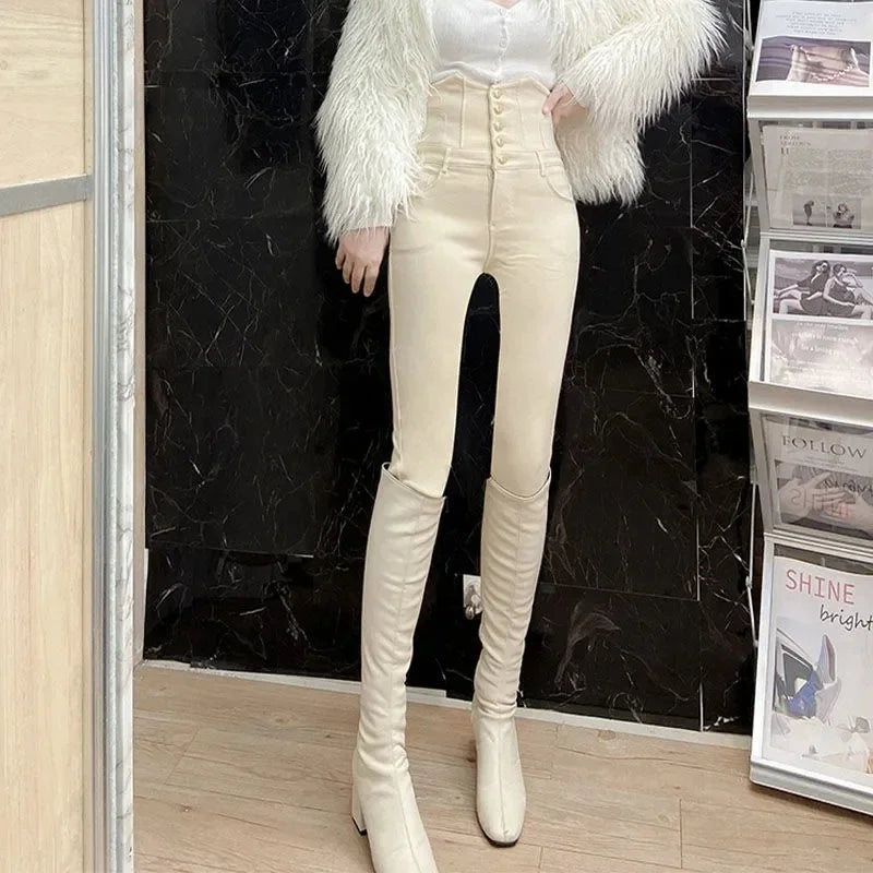 Beige Super High Waist Pencil Jeans Women Korean Slim Button Fly Stretch Denim Pants Design Legging Vaqueros Skinny Kot Pantolon