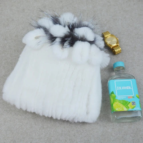 Fashion Lady Thick Rex Rabbit Fur Hat Winter Knitted 100% Natural Fur Hats Scarves Sets Women Warm Real Rex Rabbit Fur Scarves