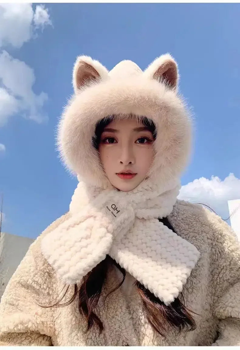 Fox Ear Hat Women's2024New Cute Plush Autumn and Winter Versatile Fashion Scarf One-Piece Hat