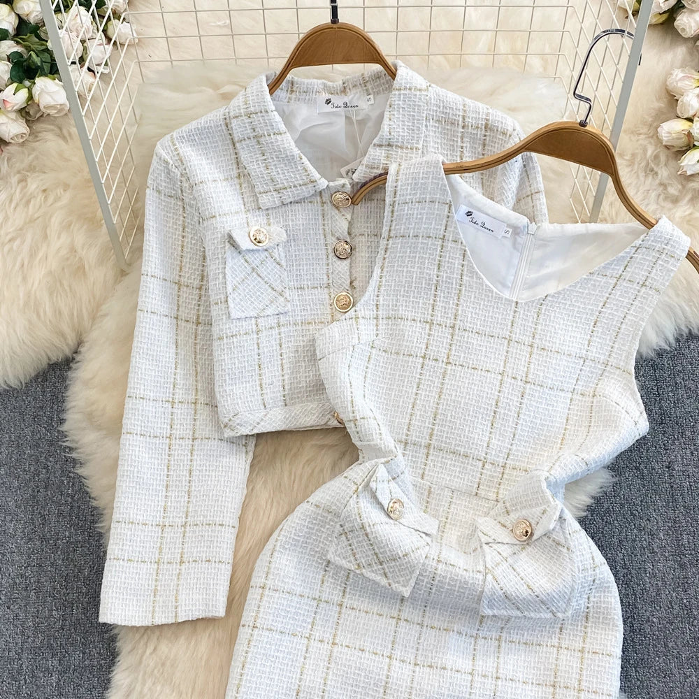 Early Autumn Y2K High-quality Cotton Two-piece Set for Women's Small Fragrant Style Jacket Waist Cinching Vest Hip Hugging Dress