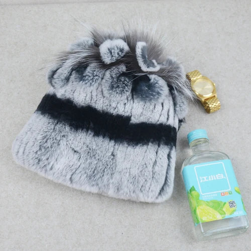 Fashion Lady Thick Rex Rabbit Fur Hat Winter Knitted 100% Natural Fur Hats Scarves Sets Women Warm Real Rex Rabbit Fur Scarves