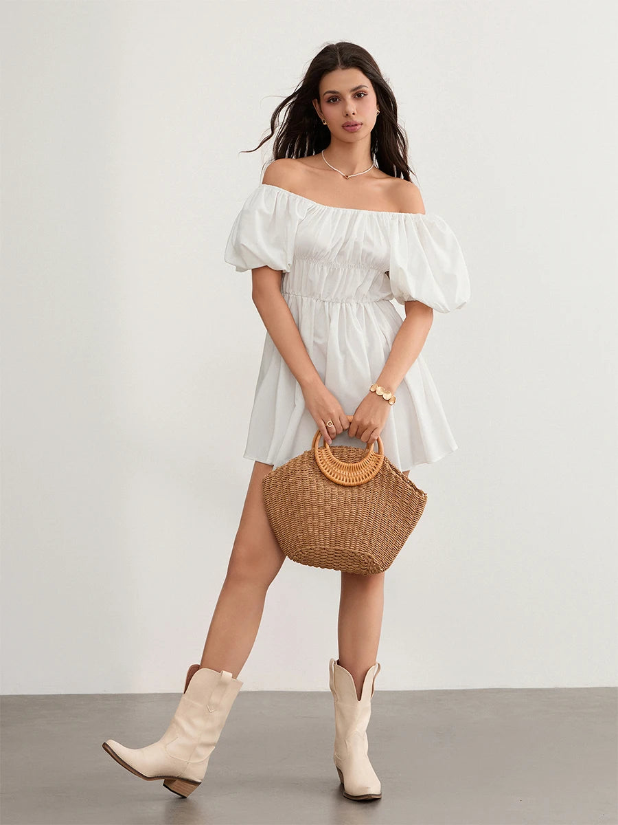 Women Casual Summer Dress Fashion Sexy Solid Color Elegant Short Puff Sleeve Off-shoulder Tunic Dress Brown/White