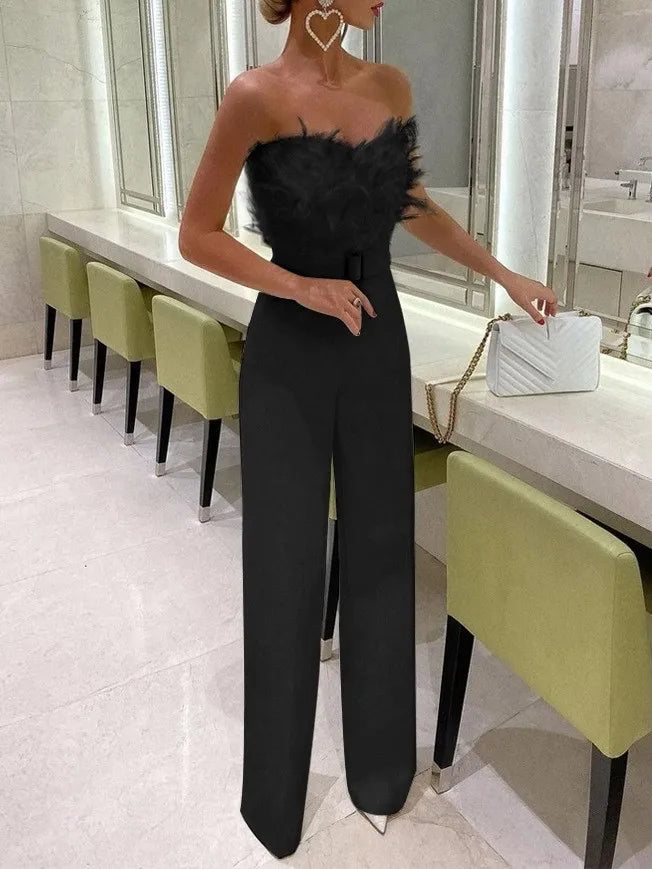 Jumpsuit for Women Fashion Solid Long Jumpsuit Sexy Feather Strapless Slash Neck Evening  Party Jumpsuits Elegant Lady Jumpsuit