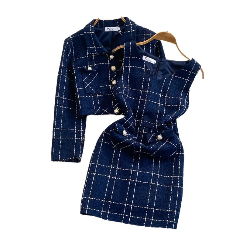 Early Autumn Y2K High-quality Cotton Two-piece Set for Women's Small Fragrant Style Jacket Waist Cinching Vest Hip Hugging Dress