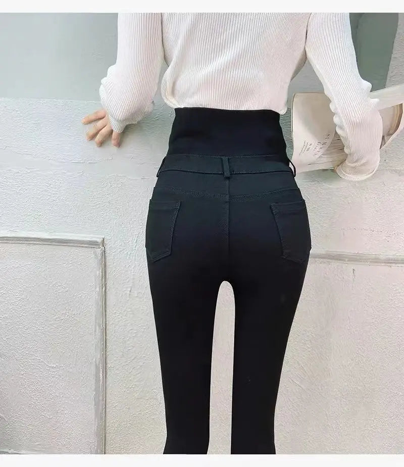 Beige Super High Waist Pencil Jeans Women Korean Slim Button Fly Stretch Denim Pants Design Legging Vaqueros Skinny Kot Pantolon