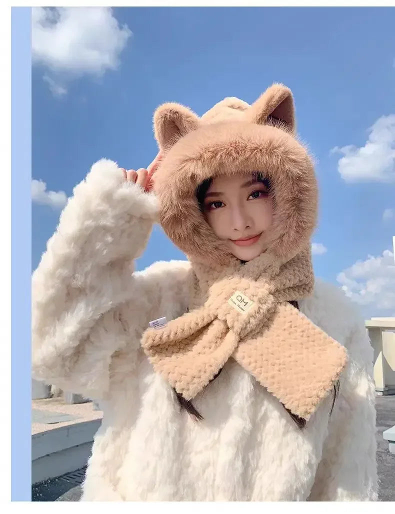 Fox Ear Hat Women's2024New Cute Plush Autumn and Winter Versatile Fashion Scarf One-Piece Hat