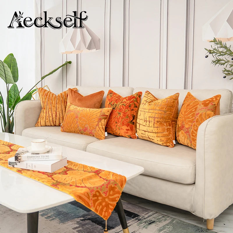 Aeckself Luxury Flowers Leaves Pattern Cut Velvet Cushion Cover Home Decor Orange Throw Pillow Case Pillowcase for Couch Bedroom