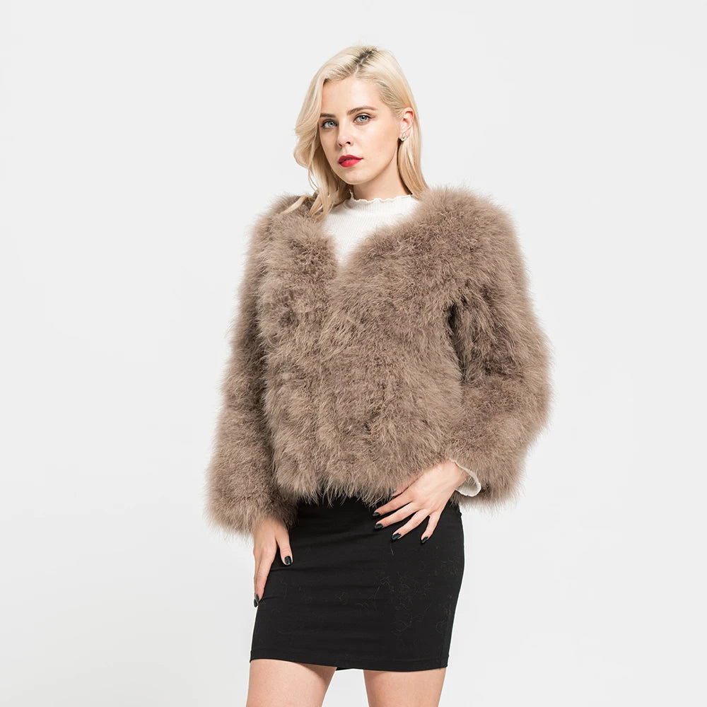 Real Ostrich Fur Feather Coat Short Jacket Furry Fluffy Party Long Sleeve Winter Women Coat Outerwear Plus Size Puffy Turkey Fur