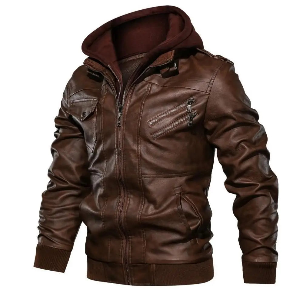 2024 Autumn and Winter Men's Fashion Zippered Slim-fit PU Leather Multi-color Hooded Jacket Coat in Europe and America.