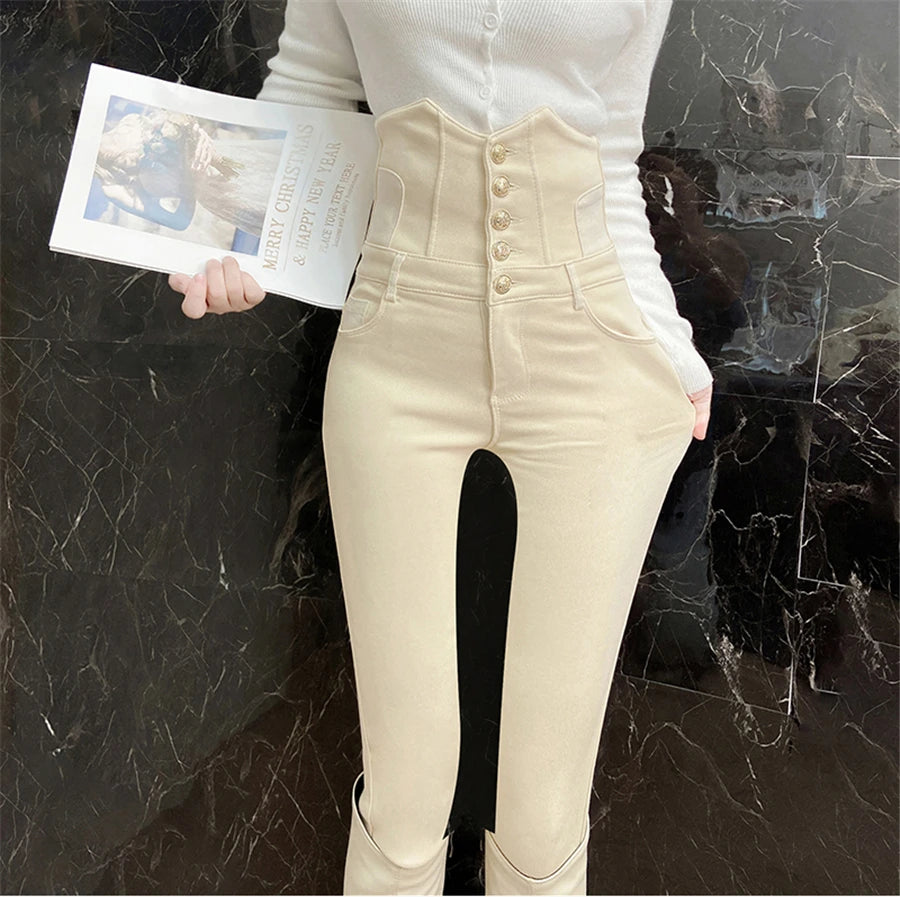 Beige Super High Waist Pencil Jeans Women Korean Slim Button Fly Stretch Denim Pants Design Legging Vaqueros Skinny Kot Pantolon