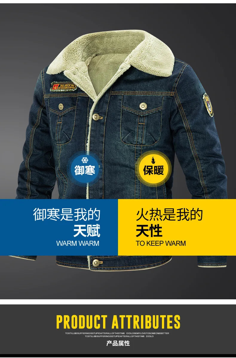 7XL-M Men's Denim Jacket Winter Men's Wool Thick Thermal Jacket Denim Coat Multi Pocket Denim Clothing Men's Outdoor Jackets