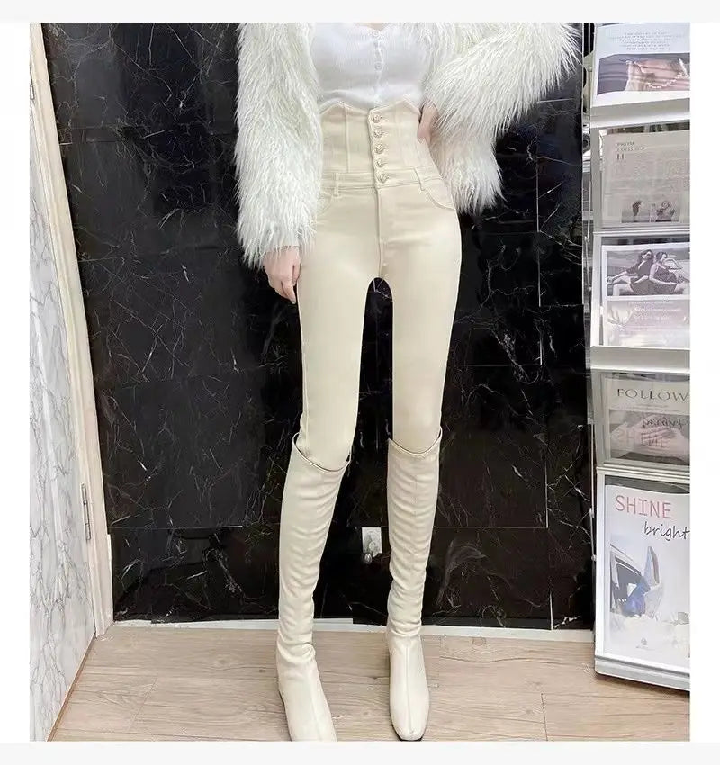 Beige Super High Waist Pencil Jeans Women Korean Slim Button Fly Stretch Denim Pants Design Legging Vaqueros Skinny Kot Pantolon