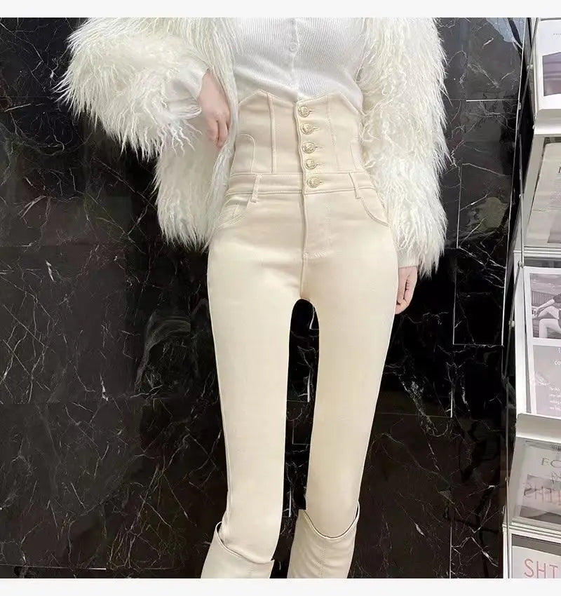 Beige Super High Waist Pencil Jeans Women Korean Slim Button Fly Stretch Denim Pants Design Legging Vaqueros Skinny Kot Pantolon