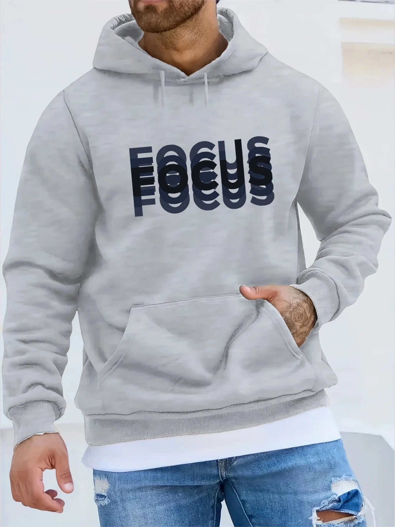 Men's autumn and winter fashionable casual loose oversized FOCUS letter printed fleece pullover hooded long sleeved sweatshirt